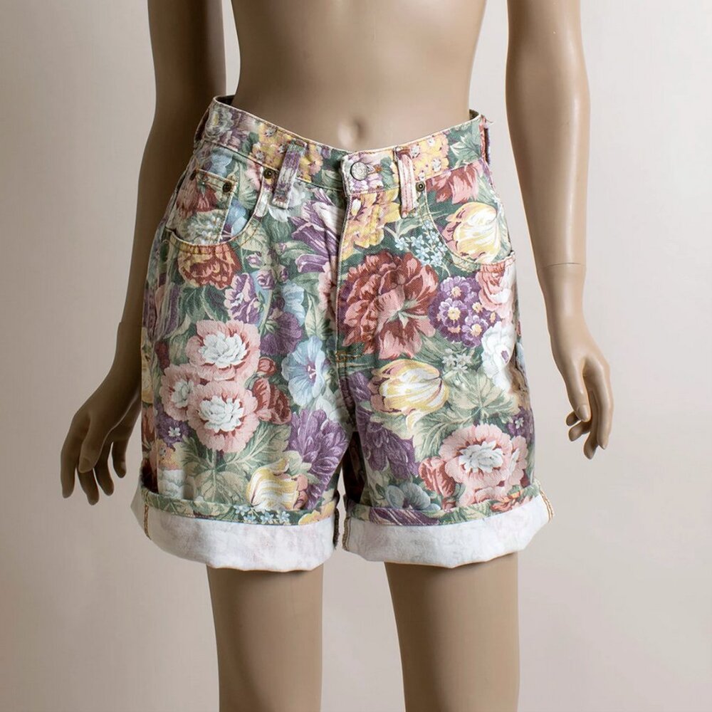 Vintage 80s Pastel Floral Denim Jean Shorts Zena Rose Small